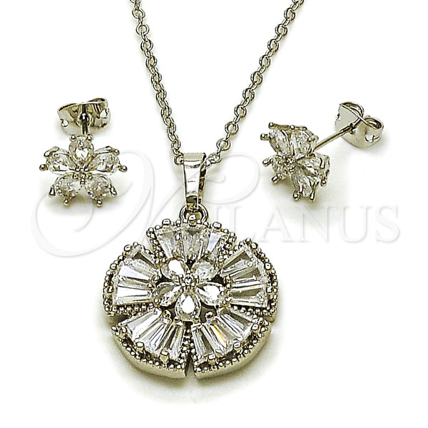 Juego de Arete y Dije de Adulto 10.448.0014 Rodio Laminado, Diseño de Flor y Cluster, con Zirconia Cubica Blanca, Pulido, Rodinado