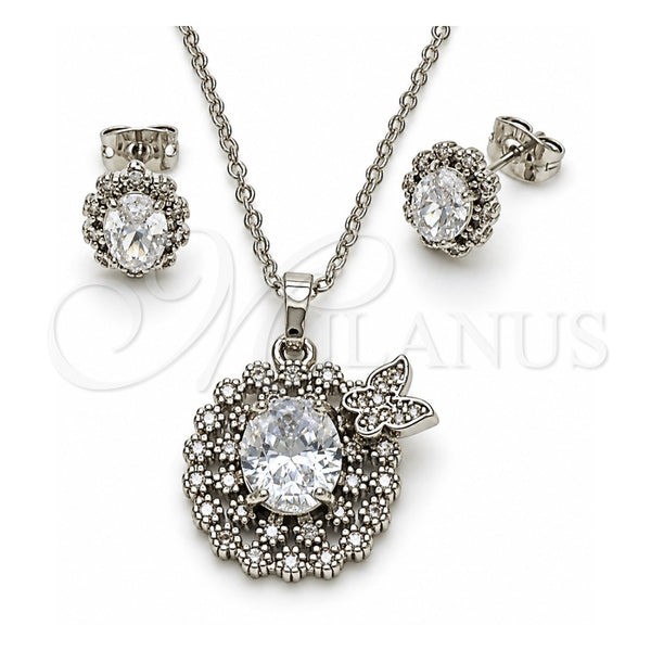 Juego de Arete y Dije de Adulto 10.448.0015 Oro Laminado Blanco, Diseño de Mariposa y Cluster, con Zirconia Cubica Blanca, Pulido, Rodinado