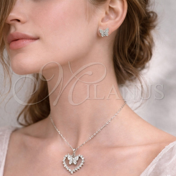 Juego de Arete y Dije de Adulto 10.448.0022 Rodio Laminado, Diseño de Corazón y Mariposa, con Zirconia Cubica Blanca, Pulido, Rodinado