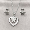 Juego de Arete y Dije de Adulto 10.448.0022 Rodio Laminado, Diseño de Corazón y Mariposa, con Blanca Zirconia Cubica, Pulido, Rodinado