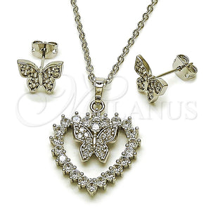 Juego de Arete y Dije de Adulto 10.448.0022 Rodio Laminado, Diseño de Corazón y Mariposa, con Zirconia Cubica Blanca, Pulido, Rodinado