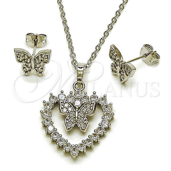 Juego de Arete y Dije de Adulto 10.448.0022 Rodio Laminado, Diseño de Corazón y Mariposa, con Blanca Zirconia Cubica, Pulido, Rodinado