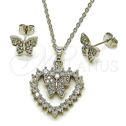 Juego de Arete y Dije de Adulto 10.448.0022 Rodio Laminado, Diseño de Corazón y Mariposa, con Blanca Zirconia Cubica, Pulido, Rodinado