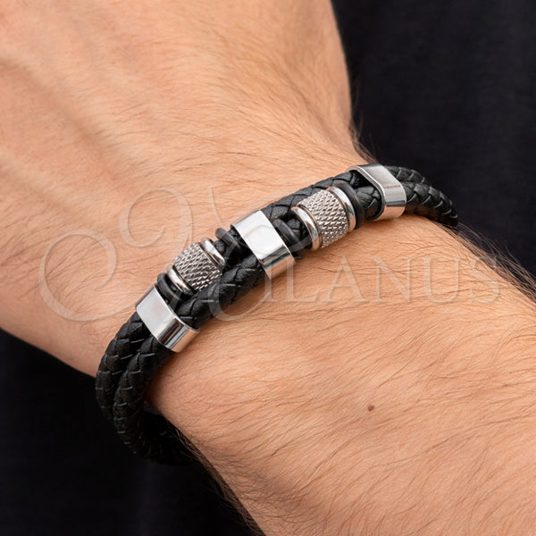 Pulsera Elegante 03.449.0001.09 Acero Inoxidable, Cuero Negro, Tono Plateado (Thickness, 9 Inches Length)