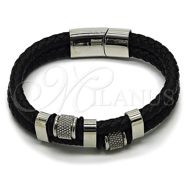 Pulsera Elegante 03.449.0001.09 Acero Inoxidable, Cuero Negro, Tono Plateado (Thickness, 9 Inches Length)