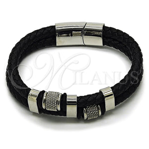 Pulsera Elegante 03.449.0001.09 Acero Inoxidable, Cuero Negro, Tono Plateado (Thickness, 9 Inches Length)