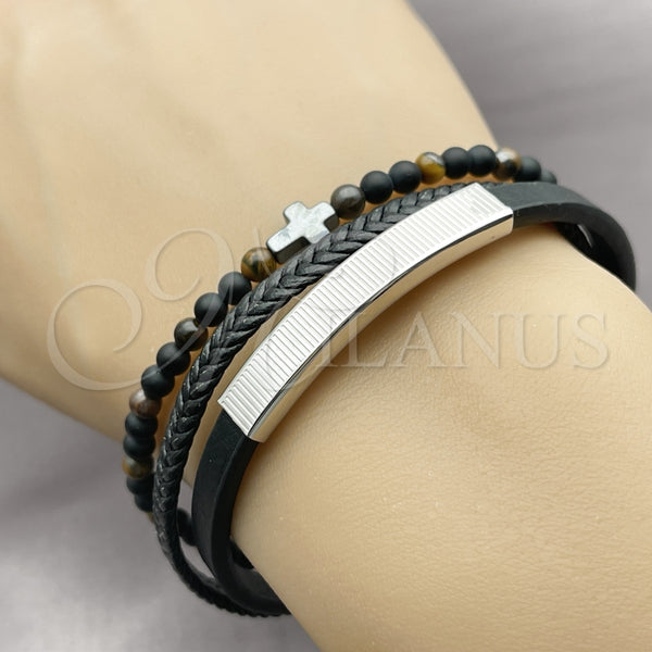 Pulsera Elegante 03.449.0002.09 Acero Inoxidable, Diseño de Cruz y Bola, Cuero Negro, Tono Plateado (21 MM Thickness, 9 Inches Length)