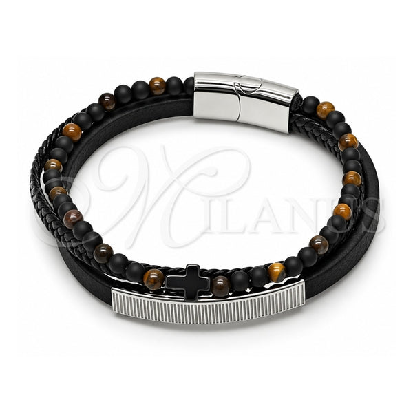 Pulsera Elegante 03.449.0002.09 Acero Inoxidable, Diseño de Cruz y Bola, Cuero Negro, Tono Plateado (Grosor 21 MM, 9 Pulgadas de Largo)