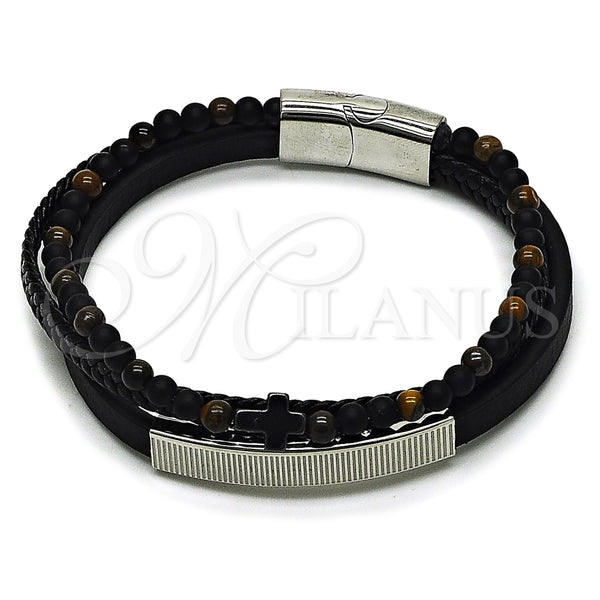 Pulsera Elegante 03.449.0002.09 Acero Inoxidable, Diseño de Cruz y Bola, Cuero Negro, Tono Plateado (21 MM Thickness, 9 Inches Length)