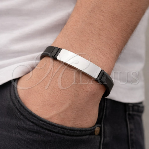 Pulsera con Placa 03.449.0003.09 Acero Inoxidable, Cuero Negro, Tono Plateado (15 MM Thickness, 9 Inches Length)