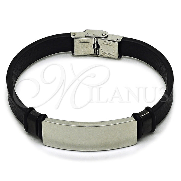 Pulsera con Placa 03.449.0003.09 Acero Inoxidable, Cuero Negro, Tono Plateado (15 MM Thickness, 9 Inches Length)