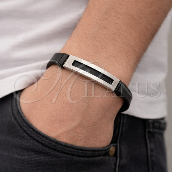 Pulsera con Placa 03.449.0004.09 Acero Inoxidable, Cuero Negro, Tono Plateado (12 MM Thickness, 9 Inches Length)