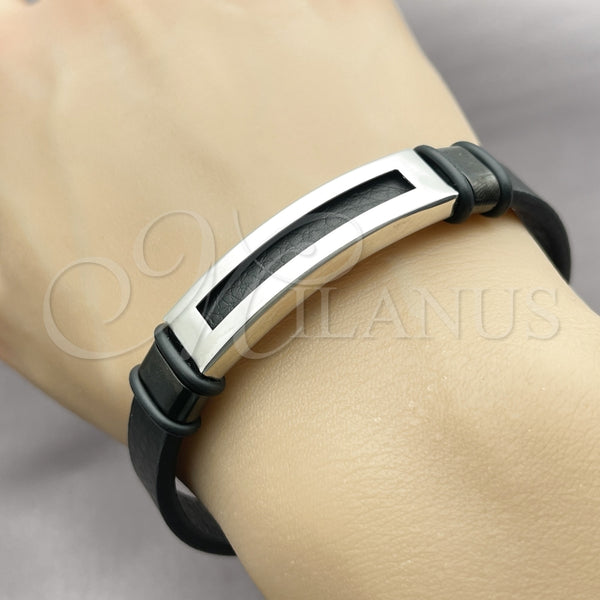 Pulsera con Placa 03.449.0004.09 Acero Inoxidable, Cuero Negro, Tono Plateado (12 MM Thickness, 9 Inches Length)