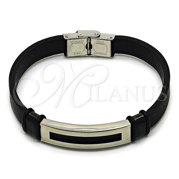 Pulsera con Placa 03.449.0004.09 Acero Inoxidable, Cuero Negro, Tono Plateado (12 MM Thickness, 9 Inches Length)