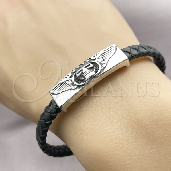 Pulsera Elegante 03.450.0001.09 Acero Inoxidable, Diseño de Calavera y Alas, Cuero Negro, Tono Plateado (08 MM Thickness, 9 Inches Length)