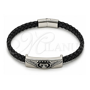 Pulsera Elegante 03.450.0001.09 Acero Inoxidable, Diseño de Calavera y Alas, Cuero Negro, Tono Plateado (Grosor 08 MM, 9 Pulgadas de Largo)