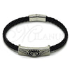 Pulsera Elegante 03.450.0001.09 Acero Inoxidable, Diseño de Calavera y Alas, Cuero Negro, Tono Plateado (08 MM Thickness, 9 Inches Length)