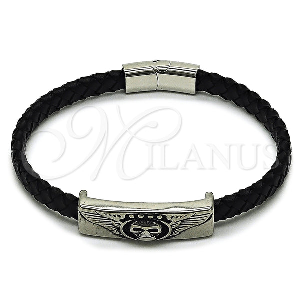Pulsera Elegante 03.450.0001.09 Acero Inoxidable, Diseño de Calavera y Alas, Cuero Negro, Tono Plateado (08 MM Thickness, 9 Inches Length)