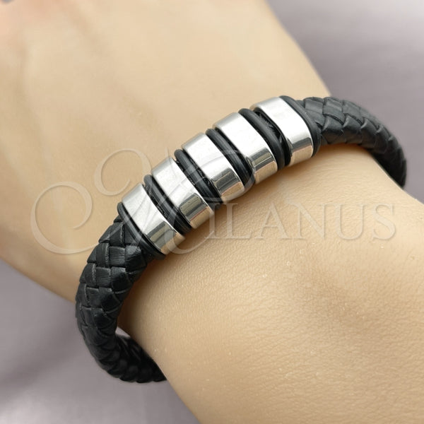 Pulsera Elegante 03.450.0003.09 Acero Inoxidable, Cuero Negro, Tono Plateado (Thickness, 9 Inches Length)