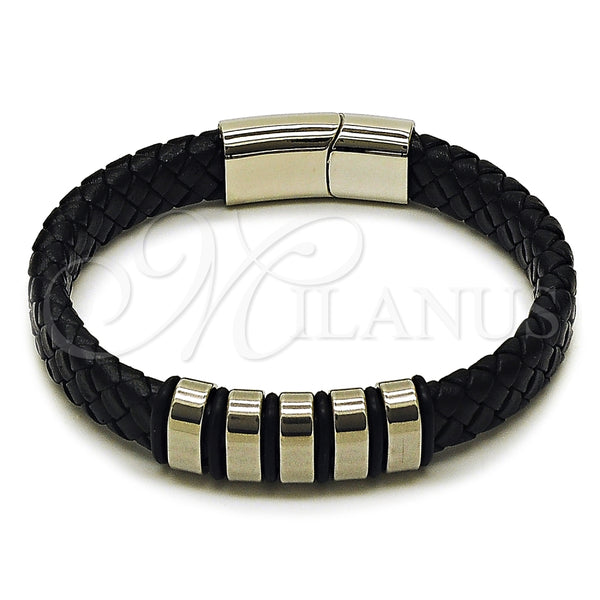 Pulsera Elegante 03.450.0003.09 Acero Inoxidable, Cuero Negro, Tono Plateado (Thickness, 9 Inches Length)