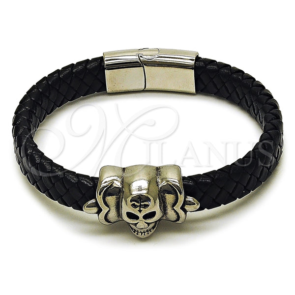 Pulsera Elegante 03.450.0004.09 Acero Inoxidable, Diseño de Calavera, Cuero Negro, Tono Plateado (12 MM Thickness, 9 Inches Length)