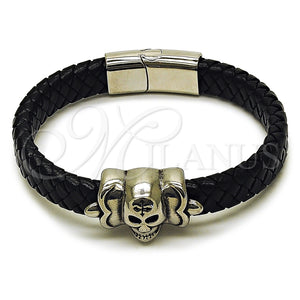 Pulsera Elegante 03.450.0004.09 Acero Inoxidable, Diseño de Calavera, Cuero Negro, Tono Plateado (12 MM Thickness, 9 Inches Length)