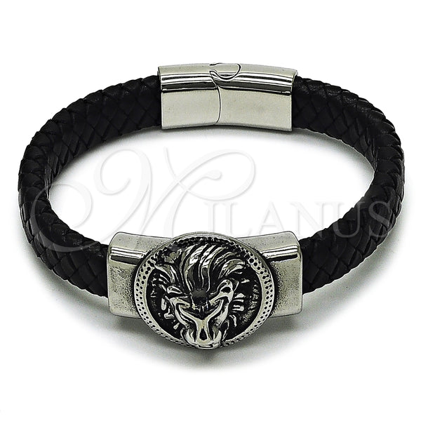 Pulsera Elegante 03.450.0005.09 Acero Inoxidable, Diseño de Leon, Cuero Negro, Tono Plateado (Thickness, 9 Inches Length)