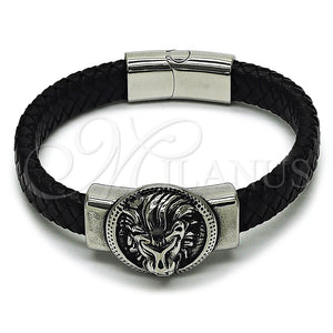 Pulsera Elegante 03.450.0005.09 Acero Inoxidable, Diseño de Leon, Cuero Negro, Tono Plateado (Thickness, 9 Inches Length)