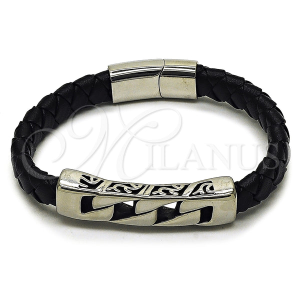 Pulsera Elegante 03.450.0006.09 Acero Inoxidable, Diseño de Miami Cubana, Cuero Negro, Tono Plateado (Thickness, 9 Inches Length)