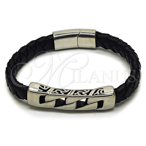Pulsera Elegante 03.450.0006.09 Acero Inoxidable, Diseño de Miami Cubana, Cuero Negro, Tono Plateado (Thickness, 9 Inches Length)