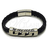 Pulsera Elegante 03.450.0006.09 Acero Inoxidable, Diseño de Miami Cubana, Cuero Negro, Tono Plateado (Thickness, 9 Inches Length)