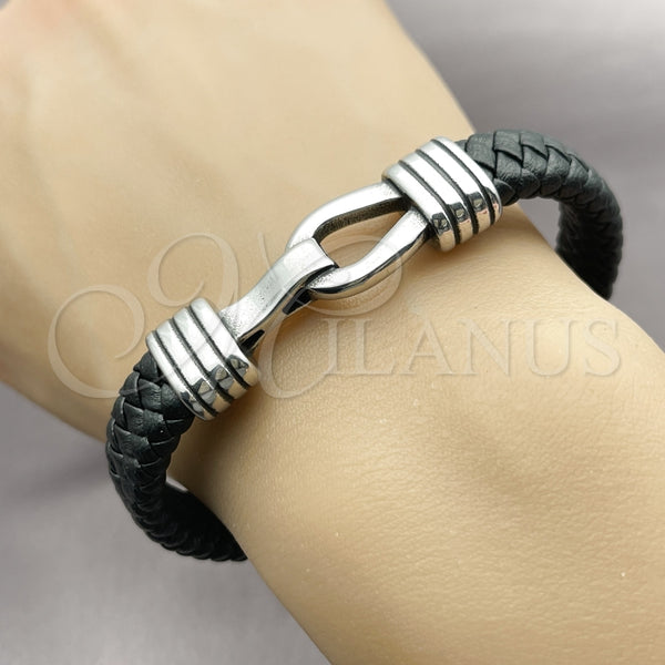 Pulsera Elegante 03.450.0007.09 Acero Inoxidable, Diseño de Hebilla del Cinturón, Cuero Negro, Tono Plateado (Thickness, 9 Inches Length)