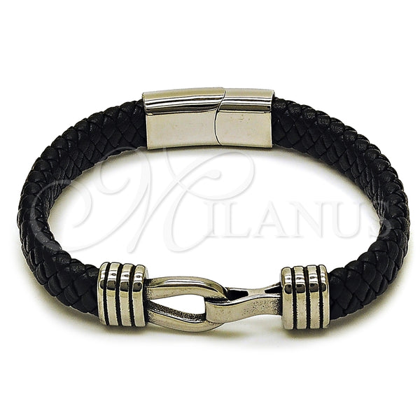 Pulsera Elegante 03.450.0007.09 Acero Inoxidable, Diseño de Hebilla del Cinturón, Cuero Negro, Tono Plateado (Thickness, 9 Inches Length)