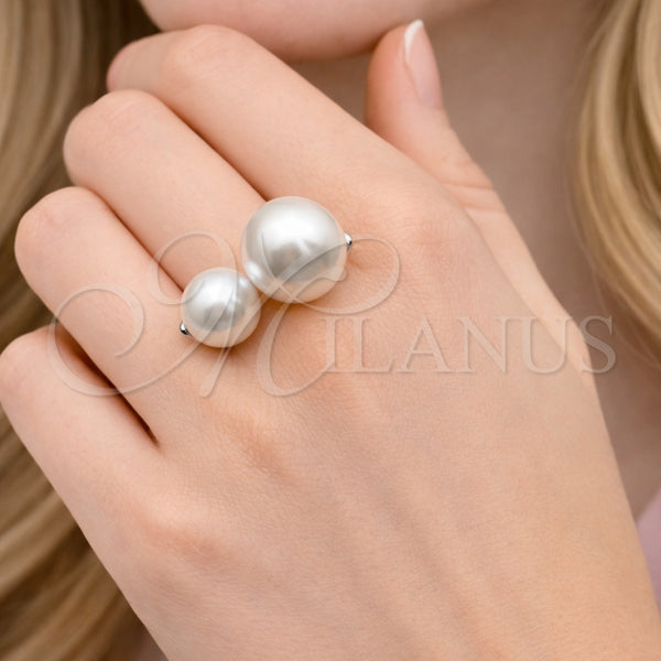 Anillo Multi Piedra 01.438.0007 Rodio Laminado, Diseño de Bola, con Perla Marfil, Pulido, Rodinado (Talla Unica)