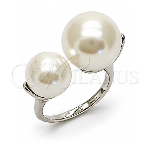 Anillo Multi Piedra 01.438.0007 Oro Laminado Blanco, Diseño de Bola, con Perla Marfil, Pulido, Rodinado (Talla Unica)