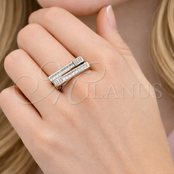 Anillo Multi Piedra 01.438.0009 Rodio Laminado, Diseño de Baguette, con Zirconia Cubica Blanca y Micro Pave Blanca, Pulido, Rodinado (Talla Unica)