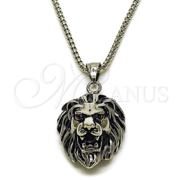 Collares con Dije 04.451.0003.24 Acero Inoxidable, Diseño de Leon, Pulido, Tono Plateado (03 MM Thickness, 24 Inches Length)