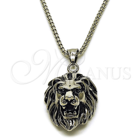 Collares con Dije 04.451.0003.24 Acero Inoxidable, Diseño de Leon, Pulido, Tono Plateado (03 MM Thickness, 24 Inches Length)