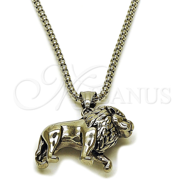 Collares con Dije 04.451.0007.24 Acero Inoxidable, Diseño de Leon, Pulido, Tono Plateado (03 MM Thickness, 24 Inches Length)