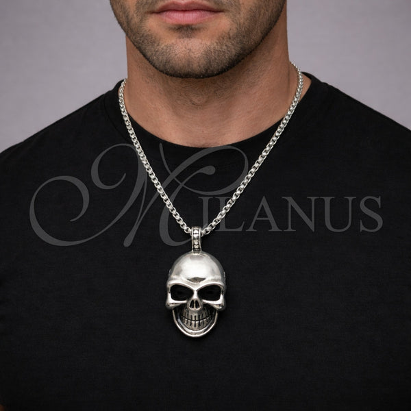 Collares con Dije 04.451.0008.24 Acero Inoxidable, Diseño de Calavera, Pulido, Tono Plateado (03 MM Thickness, 24 Inches Length)