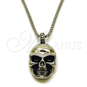 Collares con Dije 04.451.0008.24 Acero Inoxidable, Diseño de Calavera, Pulido, Tono Plateado (03 MM Thickness, 24 Inches Length)