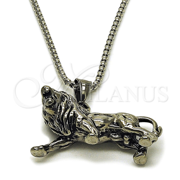 Collares con Dije 04.451.0011.24 Acero Inoxidable, Diseño de Leon, Pulido, Tono Plateado (03 MM Thickness, 24 Inches Length)