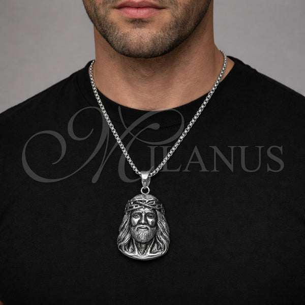 Collares con Dije 04.222.0002.24 Acero Inoxidable, Diseño de Jesus, Pulido, Tono Plateado (03 MM Thickness, 24 Inches Length)