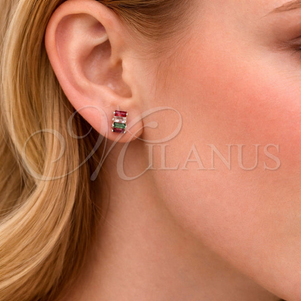 Arete Dormilona 02.310.0117 Rodio Laminado, Diseño de Baguette, con Zirconia Cubica Multicolor, Pulido, Rodinado