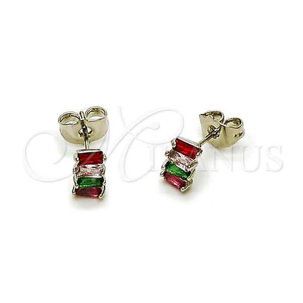 Arete Dormilona 02.310.0117 Rodio Laminado, Diseño de Baguette, con Zirconia Cubica Multicolor, Pulido, Rodinado