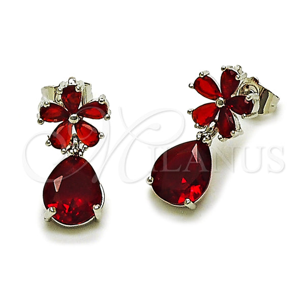 Arete Dormilona 02.452.0005 Rodio Laminado, Diseño de Flor y Gota, con Zirconia Cubica Granate, Pulido, Rodinado