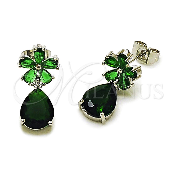 Arete Dormilona 02.452.0005.1 Rodio Laminado, Diseño de Flor y Gota, con Zirconia Cubica Verde, Pulido, Rodinado