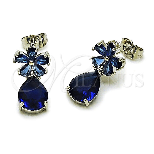 Arete Dormilona 02.452.0005.2 Rodio Laminado, Diseño de Flor y Gota, con Zirconia Cubica Zafiro Azul, Pulido, Rodinado