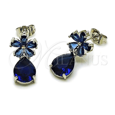 Arete Dormilona 02.452.0005.2 Rodio Laminado, Diseño de Flor y Gota, con Zirconia Cubica Zafiro Azul, Pulido, Rodinado