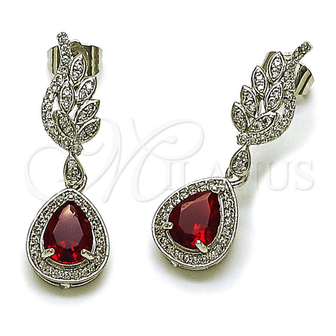 Arete Colgante 02.452.0008.1 Rodio Laminado, Diseño de Gota y Alas, con Zirconia Cubica Granate y Micro Pave Blanca, Pulido, Rodinado